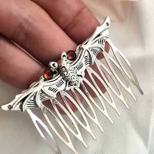 Silver bat hair comb with amber coloured gemstones, Celtic, sparkling, handmade, bridesmaid, medium size silver hair comb,rhinestones