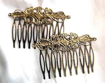 Handmade Filigree Hair Comb Set, Gold Plated Bronze, Retro Style