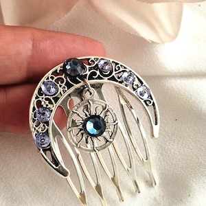 Silver crescent moon hair comb with blue gemstones, sparkle, handmade, Celtic style, SMALL silver hair comb,celestial, wedding, bridal comb