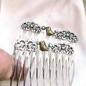 Set of 2 silver minimalist hair comb with bronze bird,robin, filigree hair comb,wedding, bridesmaid, wedding guest, medium size hair comb