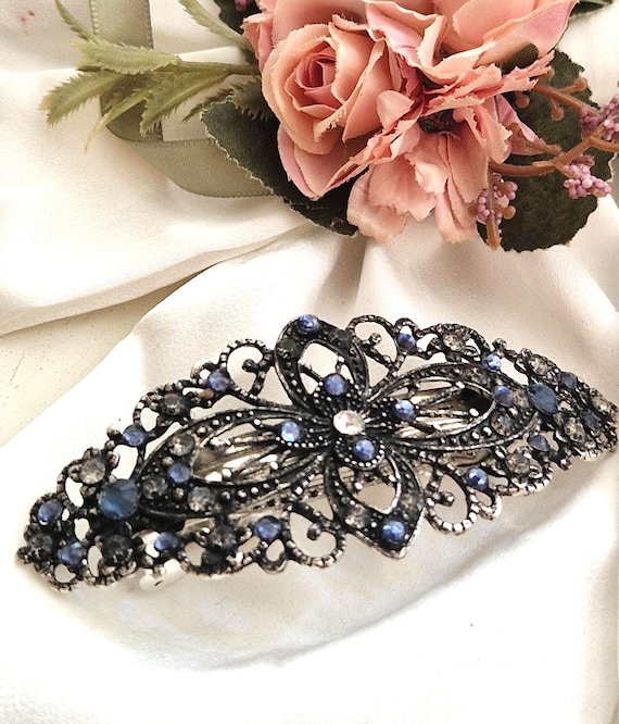 Large Gun Black Crystal Barrette With Blue Rhinestones  display picture 1