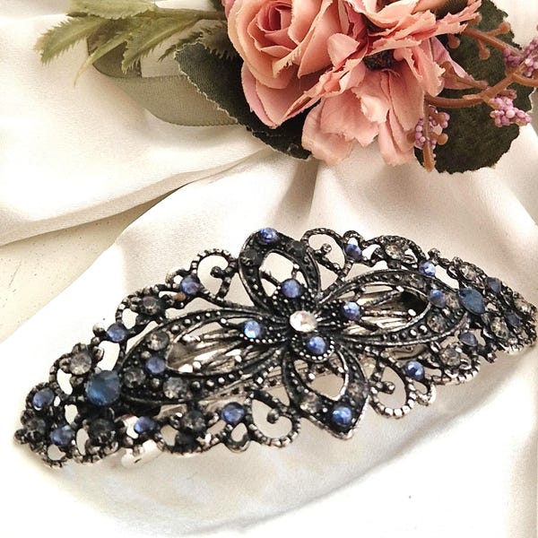 Gun Black Crystal Barrette, Blue Rhinestone Floral Hair Clip