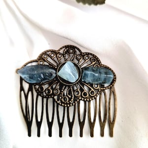 Blue natural stone, ancient bronze hair comb,handmade, Retro, vintage inspired bronze hair comb,gift for her, aqua blue stone hair comb