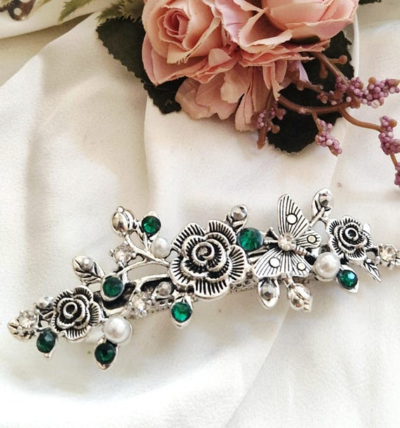 Silver Rhinestone Pearl Barrette, Floral Butterfly Hair Clip 