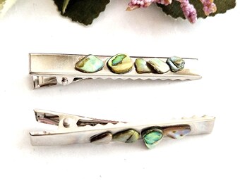 Abalone Shell Silver Alligator Hair Clip Set, Handmade Minimalist