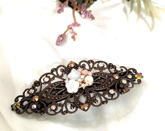 Antike Bronze filigran Haarspange mit Edelsteinen, AB-Kristall, Hochzeit, Braut Brautjungfer, Abschlussball, Blumen, handgemacht, Vintage inspirierte Haarspange