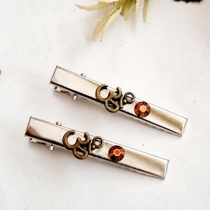 Set of 2 Om hair clips,silver minimalist,Celtic,bronze rhinestones,alligator,crocodile hair clip,handmade,vintage inspired,non slip,medium