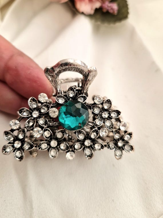 Green Crystal Hair Claw Clip, Antique Silver, Victorian  display picture 1