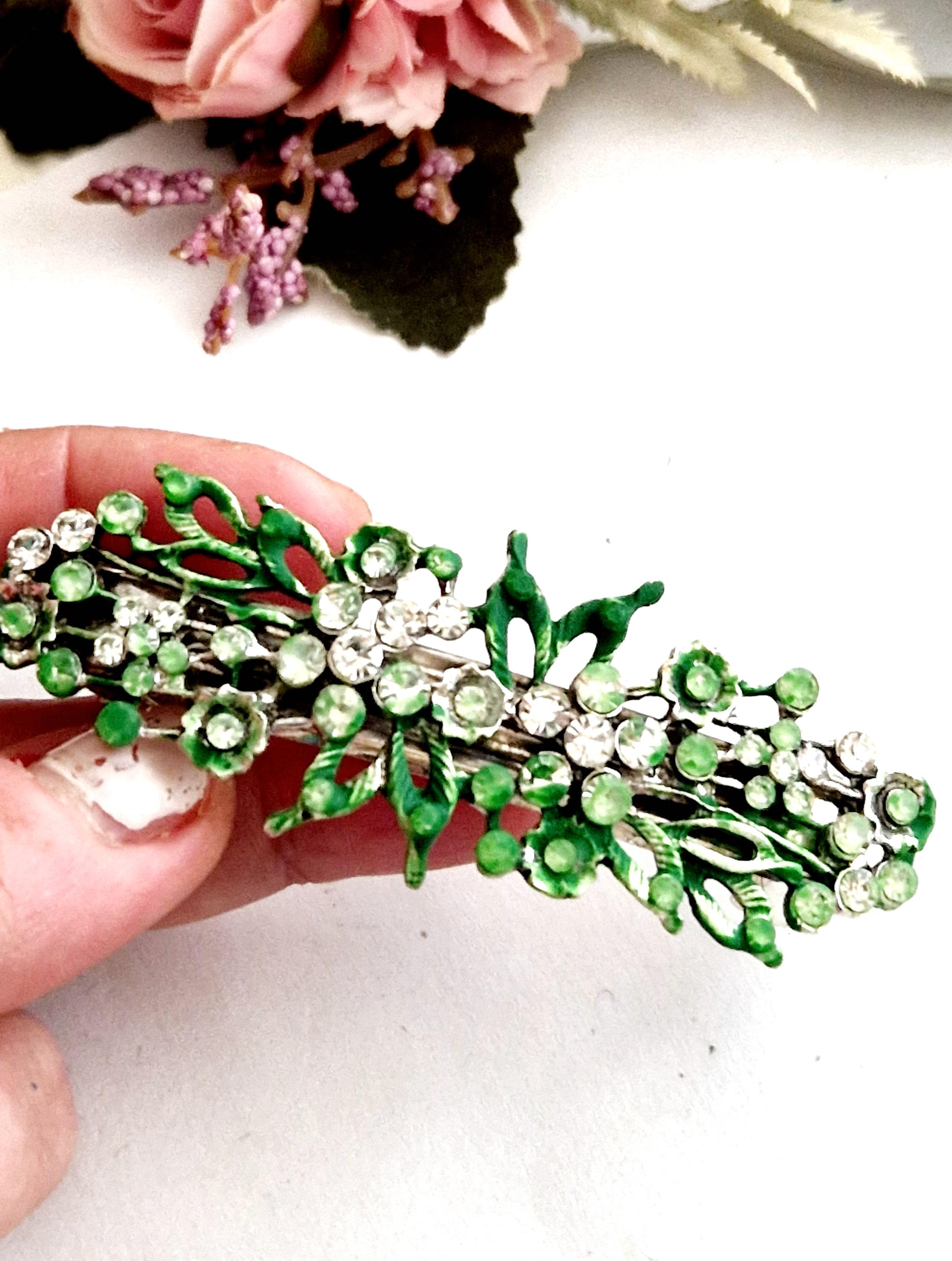 Handmade Green Floral Crystal Barrette, Non Slip Hair Clip 