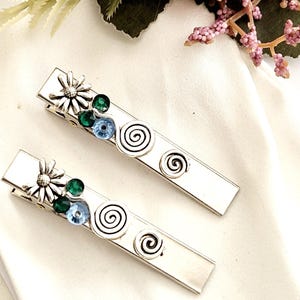 Se of 2 rhinestones silver crocodile clip,large,Celtic hair clip,alligator,green and blue rhinestones,handmade, sparkling,non slip,side clip
