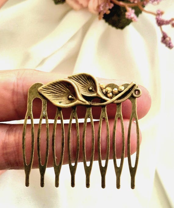 Vintage Gold and Brown Hair Accessory with Colorful Gems Bronze Floral Hair Comb Set, Green Gemstones, Vintage Bridal  main image 2