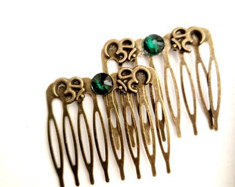 2pc Vintage Hair Comb , mental Jeweled Top, Victorian Style Whiskey Rhinestones Vintage Hair Comb , Golden Jeweled Top, Victorian Style  main image 2