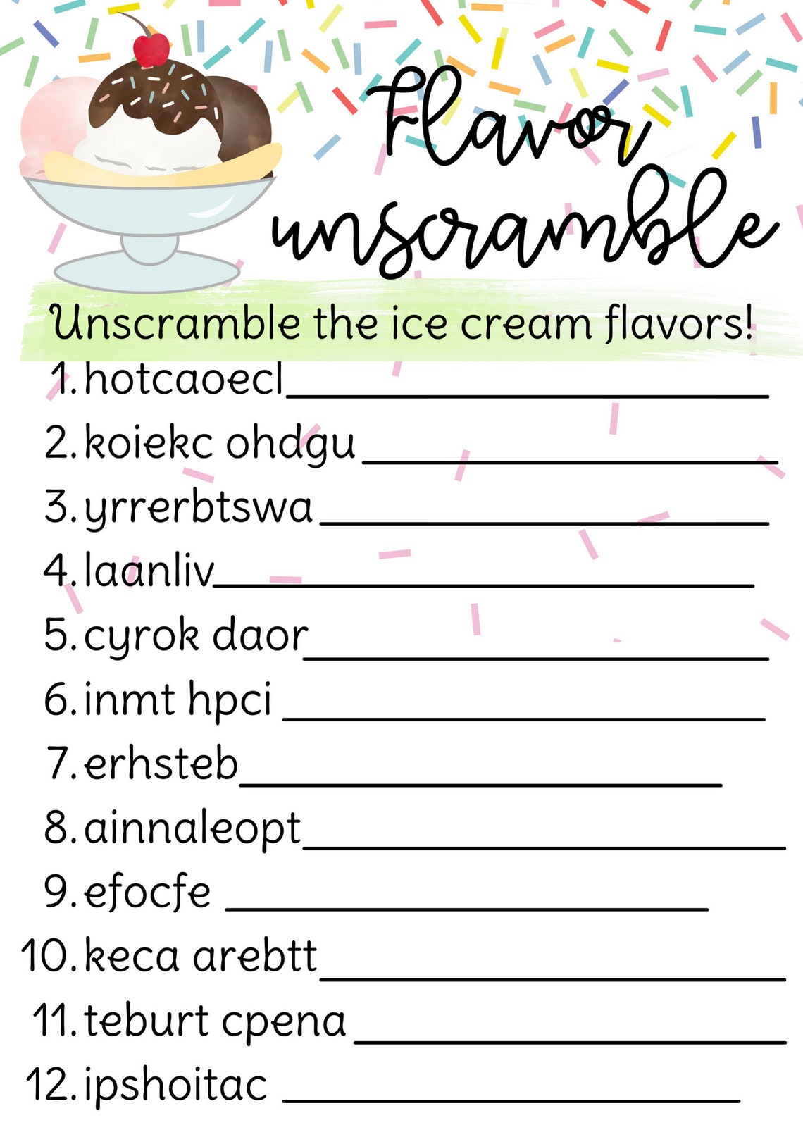 Flavor Unscramble Game Ice Cream Baby Shower Game Word Etsy