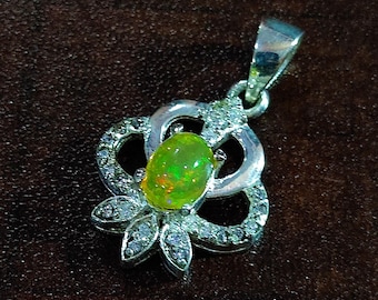 Ethiopian Opal Sterling Silver Plated Pendant: Handmade CZ Charm