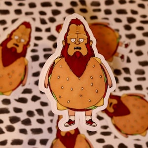 May include: A collection of cartoon stickers featuring a character with a red beard and a burger-shaped body. The stickers have a white border and are scattered on a black and white spotted background. The character is wearing a yellow shirt, red shoes, and white socks.