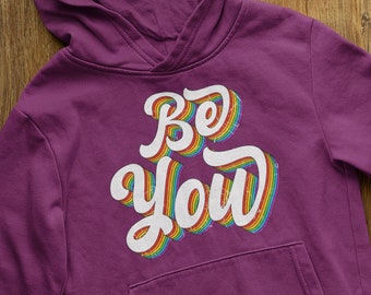 Kids Pride Hoodie BE YOU Rainbow Distressed Graphic Tee Shirt Top Childs Childrens Boys Girls Fier Birthday Present Gift Boy Girl