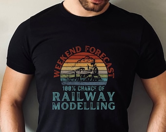 Funny Train Fan T-Shirt Weekend Forecast 100% Chance of Railway Modelling Railway Modeller T-Shirt Gift Crewneck Steam Train T-Shirt