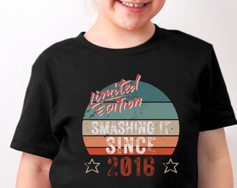 Cadeau de 7e anniversaire T-shirt pour 7e anniversaire SMASHING IT SINCE 2016 Chemises d'anniversaire en édition limitée pour garçons filles, 7e anniversaire pour enfants, 7e anniversaire