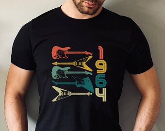 Camiseta de aniversário de 60 anos, camiseta com guitarras, camiseta vintage com pôr do sol, camiseta de aniversário de 1964, guitarras de 1964, presente de aniversário de 60 anos para homens, camiseta de música