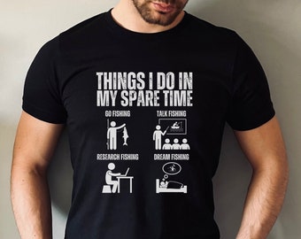 Camiseta divertida de pesca, camiseta con la frase "Cosas que hago en mi tiempo libre", camiseta divertida para aficionados a la pesca, regalo para un pescador, camiseta para el Día del Padre.
