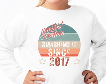 8th Birthday Gift, 8th Birthday Shirt, SMASHING IT SINCE 2017, Limited Edition Birthday Shirts for Boys Girls, Kids 8th Birthday Sweatshirt
