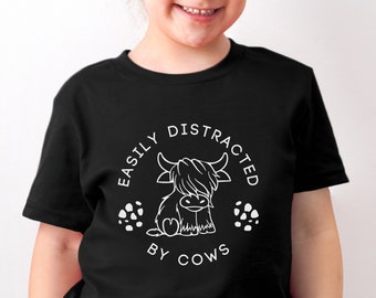 Easily Distracted By Cows Shirt, Kids Highland Cow Farming Tshirt, Shirts For Farmers, Funny Cow Shirt, Birthday Farm Shirt, Cute Cow Shirt