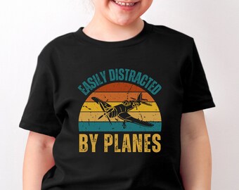 Camiseta divertida de avión, Me distraen fácilmente los aviones, Camiseta vintage de atardecer, Camiseta de avión, Camiseta de avión, Regalos de cumpleaños para fanáticos de los aviones