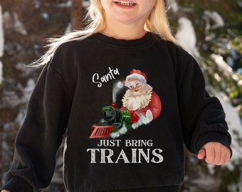 Moletom infantil com trem natalino, camiseta vintage do Papai Noel, blusa de gola redonda festiva, suéter retrô do Papai Noel, presente para meninos e meninas na época de festas.