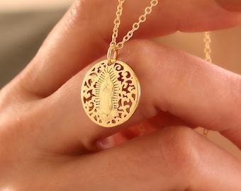 Colar delicado em ouro com a imagem da Virgem Maria, pingente delicado em ouro com a imagem de Nossa Senhora, joia religiosa católica para presentear mulheres.