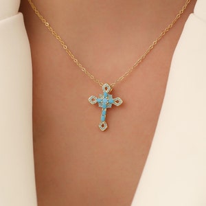 18K Gold filled cross pendant necklace, religious necklace for women, turquoise  cross charm necklace, Christian jewelry gift