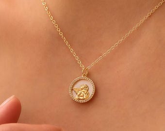 Collier ange gardien en or, pendentif cercle en nacre, bijoux religieux délicats