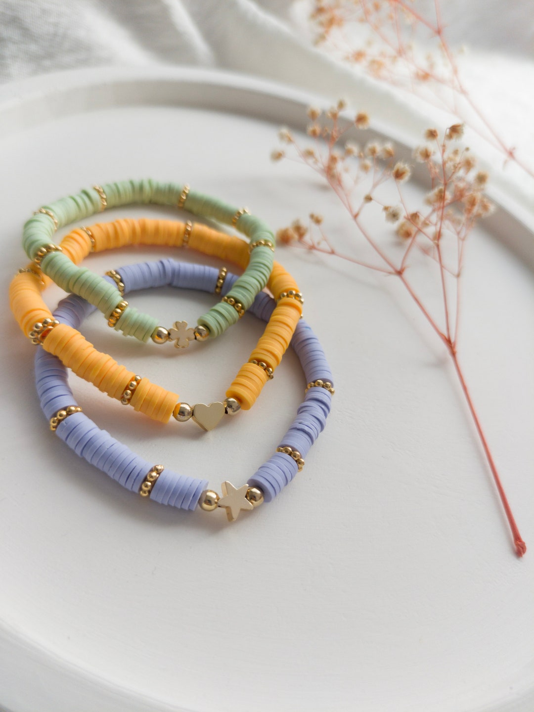 Tiny Star Heishi Bracelet, Tiny Heart Bead Bracelet, Clay