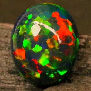 May include: A black opal gemstone with a polished surface, displaying a play of colour. The opal features a mosaic pattern of red, green, and yellow hues. The oval-shaped gemstone is set against a dark background and rests on a textured, grey surface.