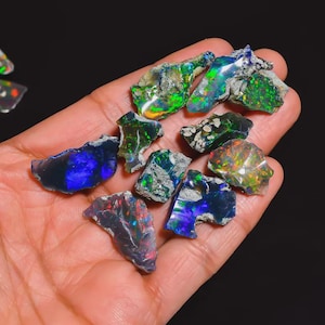 May include: A hand holding a collection of rough opal stones. The opals display a variety of colors, including blue, green, red, and yellow, with iridescent flashes. The stones have a natural, unpolished appearance.