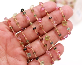 Watermelon Multi Rosary Chain,Multi Stones Wire Wrapped Rosary, beaded chain,Natural Multi beaded Chain,gold chain for making necklace