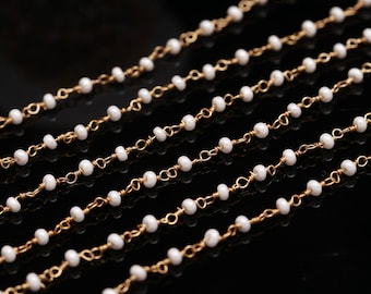 Natural Pearl Smooth Rosary Beaded Chain, Pearl Round Smooth Wire Wrapped Rosary Chain