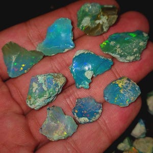 May include: A collection of raw opal gemstones in various shapes and sizes. The opals display a range of colors, including blues, greens, and flashes of iridescent hues. The rough texture of the stones is visible, showcasing their natural state.