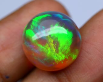 Ethiopian Multi Fire Opal Cabochon: AAA Round Gemstone, October Birthstone (9.7 Carat, 14.8x8.3 MM)