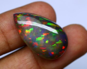 13 ct 100% Natural Black Ethiopian Opal Cabochon – Rainbow Fire Gemstone for Jewelry Making 25.7x14.8x6.4 mm