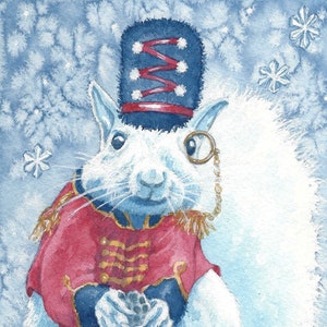 May include: A white squirrel wearing a red and blue uniform with a black hat and a monocle. The squirrel is holding a small object in its paws. The background is a blue and white watercolor wash with snowflakes.