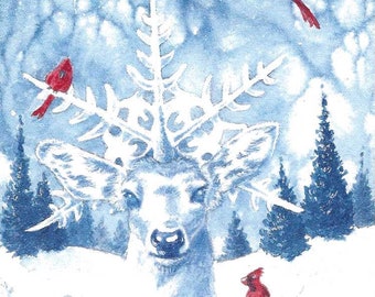 Snowflake (greeting card/flat) reindeer, cardinals in a winter wonderland!