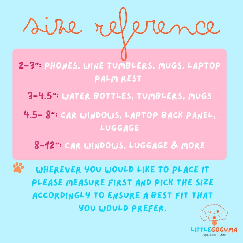 May include: A size reference guide with text in orange and blue. The guide lists size ranges in inches for various items like phones, water bottles, and luggage. The text encourages measuring before selecting a size.