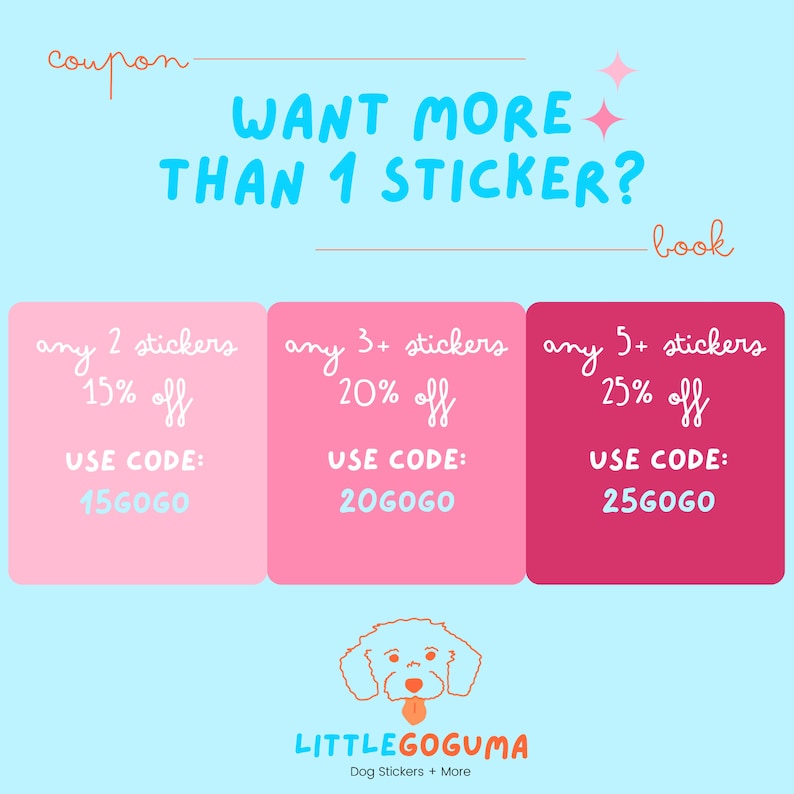 May include: A pink and blue graphic with the text "WANT MORE THAN 1 STICKER?" and a cartoon dog. The graphic also includes three pink and red boxes with discount codes for purchasing multiple dog stickers. The text in the boxes reads "any 2 stickers 15% off USE CODE: 15GOGO", "any 3+ stickers 20% off USE CODE: 20GOGO", and "any 5+ stickers 25% off USE CODE: 25GOGO".