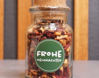 Korkenglas "Frohe Weihnachten" mit Früchtetee Winterkamin