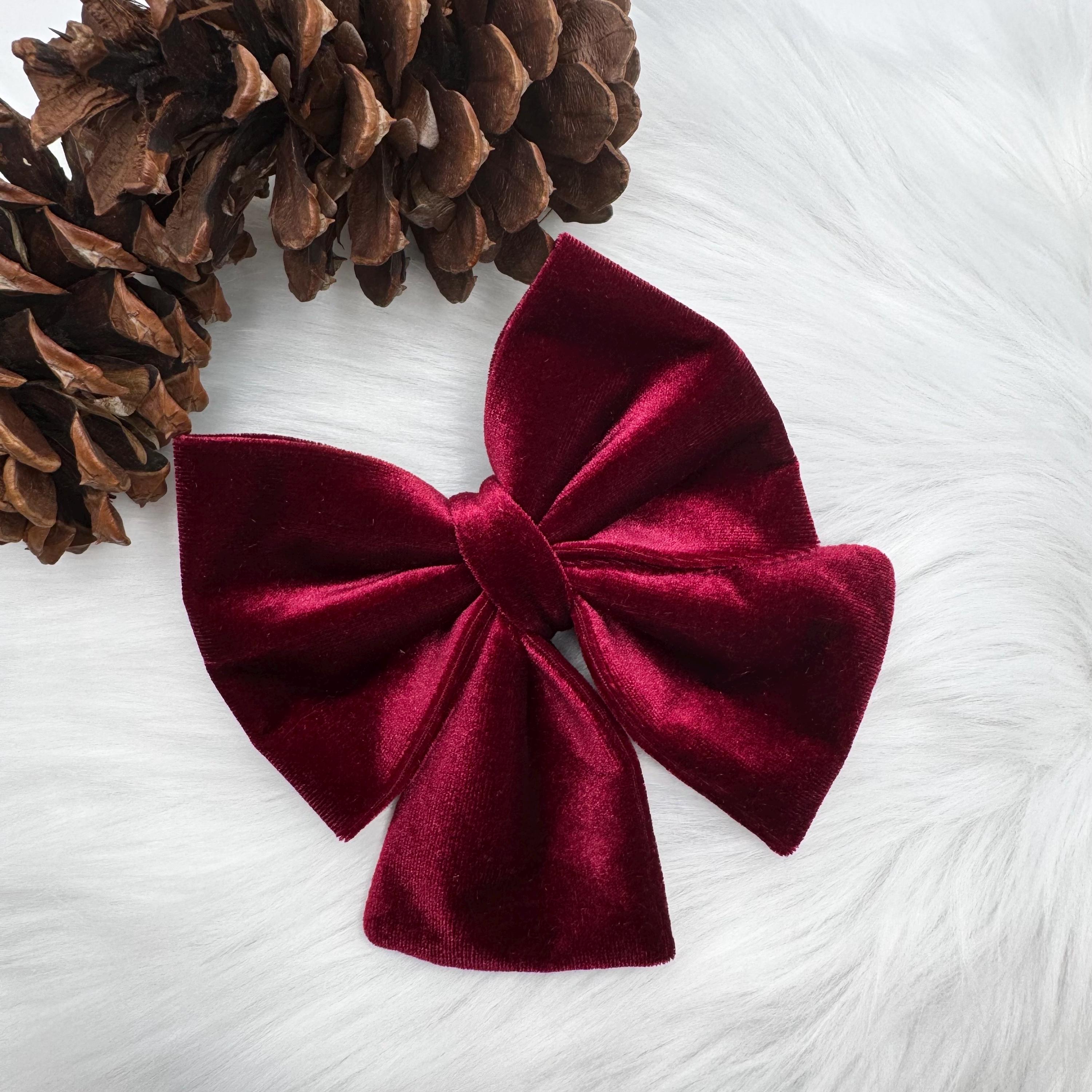 Burgundy Velvet Pet Collar Bow: Christmas Holiday Bow