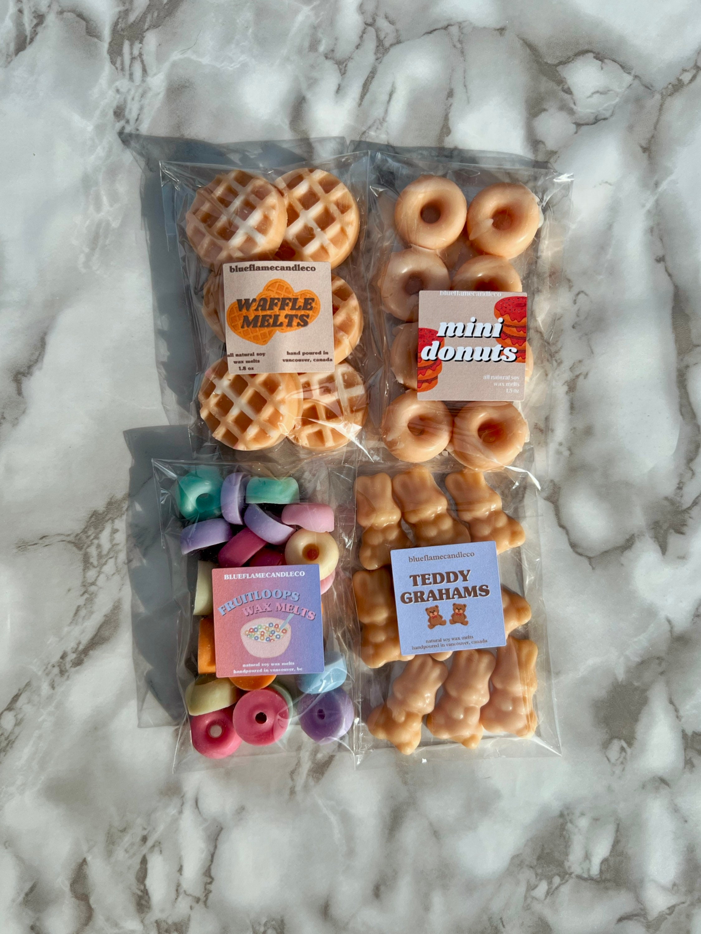 4 PACK Waffle Melts, Fruit Loop Melts, Mini Donut Melts, Teddy Graham Melts  Set of 4 Food Wax Melts natural Soy Wax, High Scent 