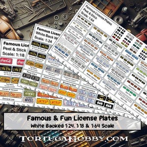 Famous License Plate Decals: 1/24, 1/64, 1/18 - Waterslide Decals