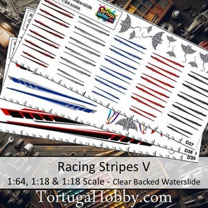 May include: Waterslide decals featuring racing stripes in various colors, including red, black, blue, and gray. The decals are designed for 1:64 and 1:18 scale models. The text "Racing Stripes V" and "TortugaHobby.com" are visible.
