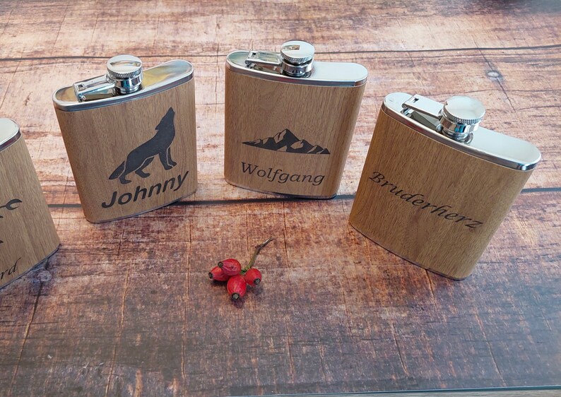 Flachmann with engraving personalized wood stainless steel 170ml ideal as a gift for birthday Wudeko