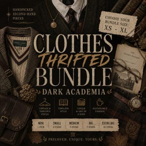 Puede incluir: Una colección curada de ropa de segunda mano que incluye un blazer de tweed marrón, un chaleco de punto trenzado beige y una falda a cuadros. La imagen contiene el texto CLOTHES THRIFTED BUNDLE DARK ACADEMIA, junto a un reloj de bolsillo y un libro.